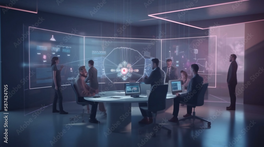 Depict teams of professionals working together using large interactive digital displays, virtual whiteboards, and immersive conferencing platforms.
Created using generative AI. Depict teams of professionals working together using large interactive digital displays, virtual whiteboards, and immersive conferencing platforms.
Created using generative AI.