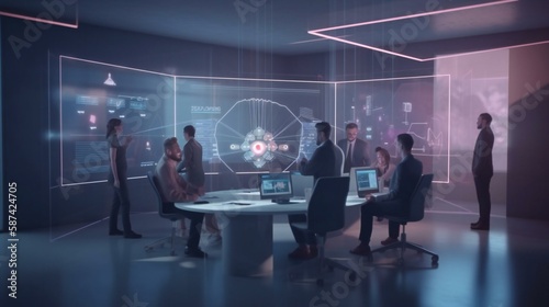 Depict teams of professionals working together using large interactive digital displays, virtual whiteboards, and immersive conferencing platforms. Created using generative AI.