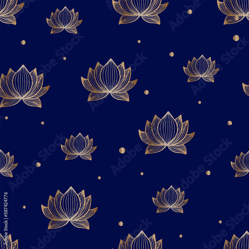 Pattern with gold lotus flower with sparkling pollen on blue background