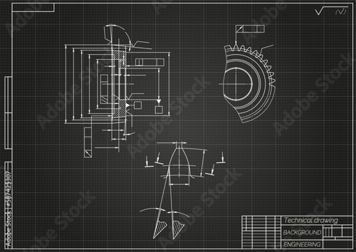 Mechanical engineering drawings on light background. Gear cutting tool. Technical Design. Cover. Blueprint. Vector illustration.