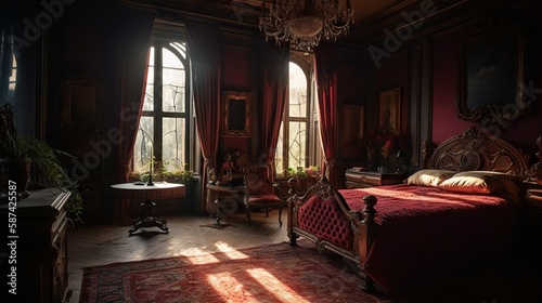 Regal-style Bedroom in crimson plush velvet bed and Antique Candelabra