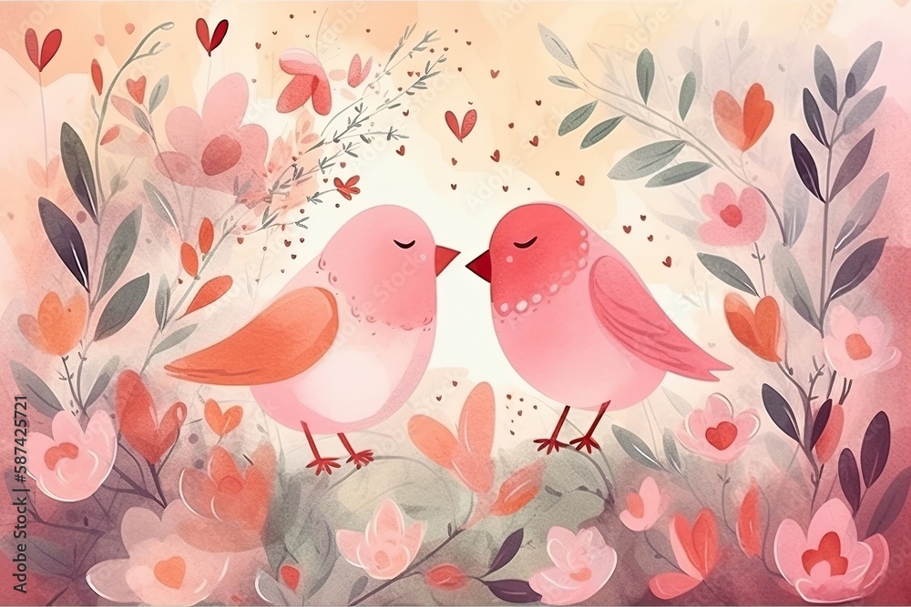 A romantic garden with sweet birds, blooming flowers, and love-filled hearts whimsical style loving mood. Watercolor style. Generated AI.