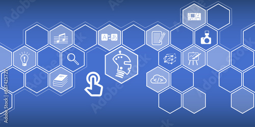 Gráfico para el uso de IA - Inteligencia Artificial. Iconos brillantes en formato vectorial en una red de panales en azul.