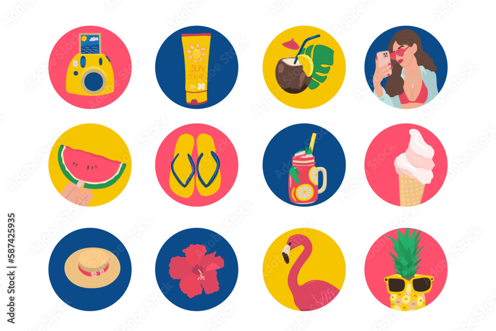 Set of summer cartoon style icons for social media stories, highlights covers. Summertime colorful collection. Set of summer cartoon style icons for social media stories, highlights covers. Summertime colorful collection.
