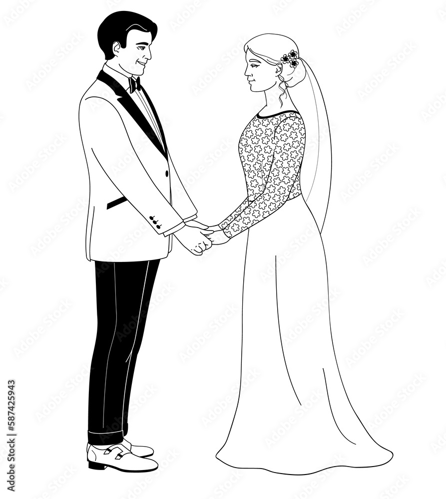 Marriage ceremony, wedding day, bride and groom black and white illustration on transparent background Marriage ceremony, wedding day, bride and groom black and white illustration on transparent background