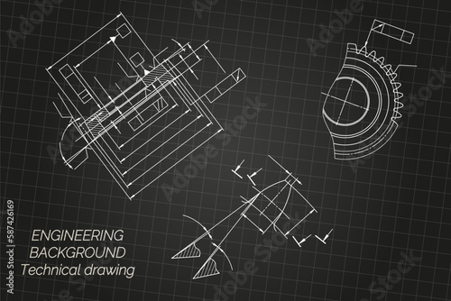 Mechanical engineering drawings on light background. Gear cutting tool. Technical Design. Cover. Blueprint. Vector illustration.