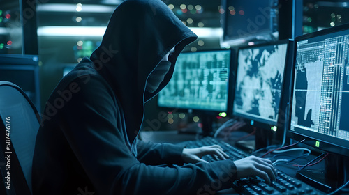 Cyber security and data protection, Hacker accesses security system and stealing data on internet technology networking. Security and protect business transaction from online digital cyber attack.