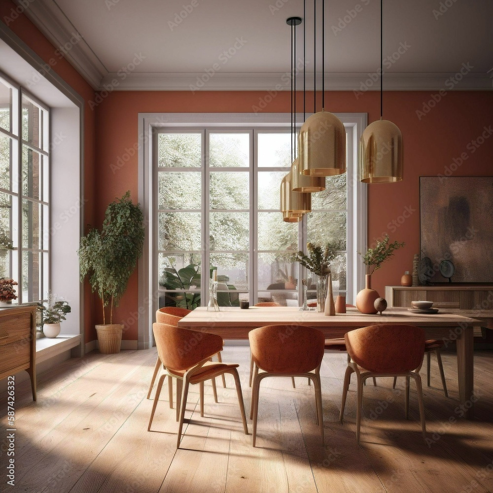 3d render of a dining room created with Generative AI technology. 3d render of a dining room created with Generative AI technology.
