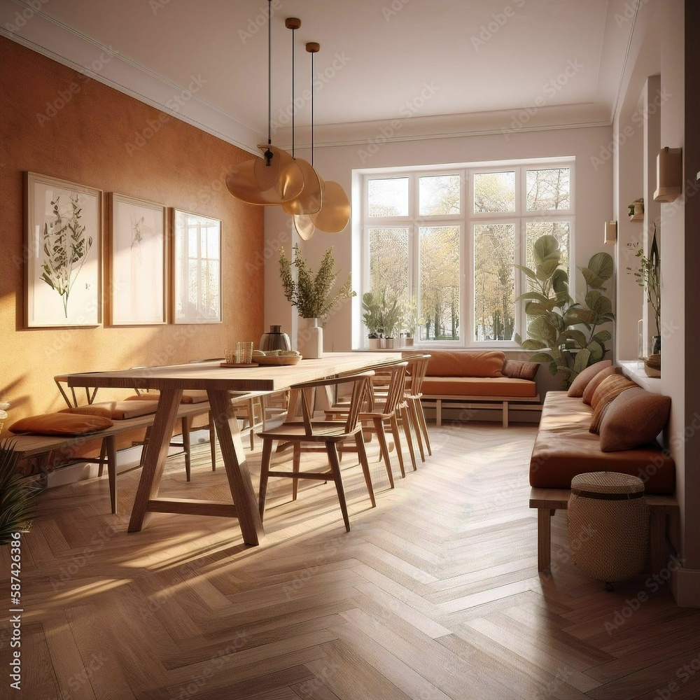 Fototapeta premium 3d render of a dining room created with Generative AI technology.