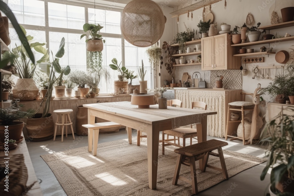 Wooden Scandinavian bohemian kitchen and dining table. White beige table setting. Bohemian country decor,. Generative AI