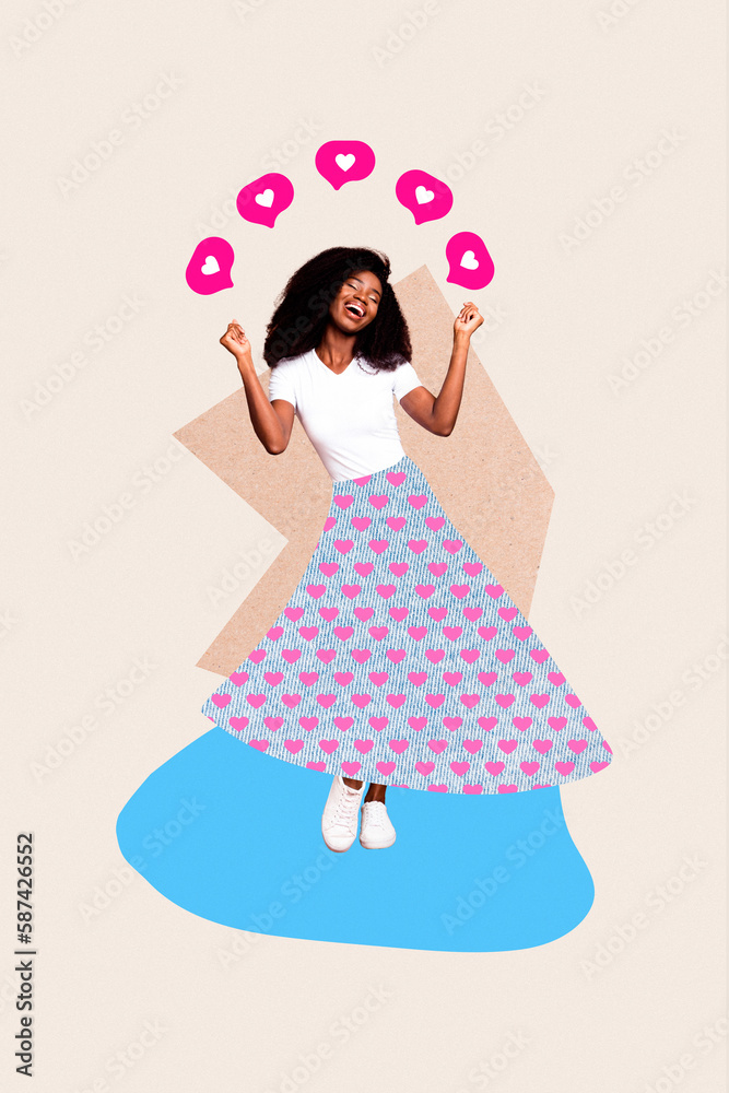 Creative template graphics collage image of carefree funky lady dancing getting heart feedback isolated drawing background Creative template graphics collage image of carefree funky lady dancing getting heart feedback isolated drawing background