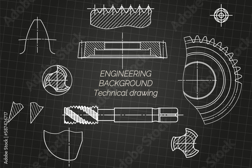 Mechanical engineering drawings on black background. Tap tools, borer, cutting tools, milling cutter. Technical Design. Cover. Blueprint. Vector illustration.