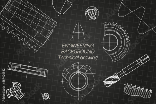 Mechanical engineering drawings on black background. Tap tools, borer, cutting tools, milling cutter. Technical Design. Cover. Blueprint. Vector illustration.