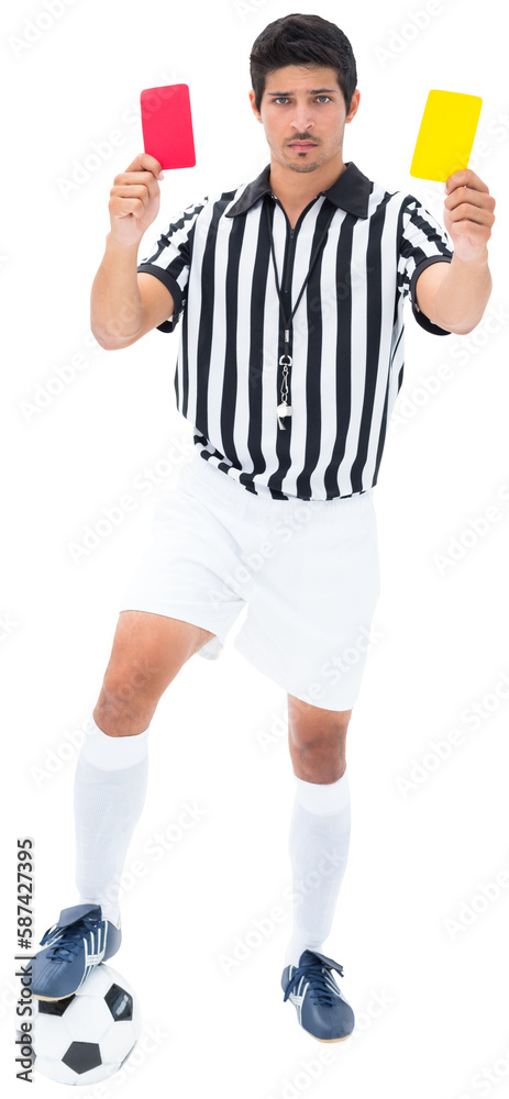 Referee showing red and yellow card while standing Referee showing red and yellow card while standing