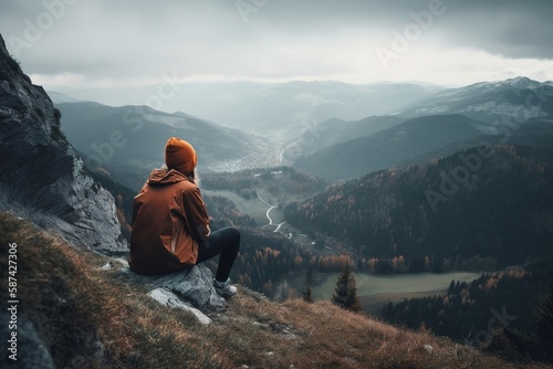 A traveler sits on a rock overlooking a valley