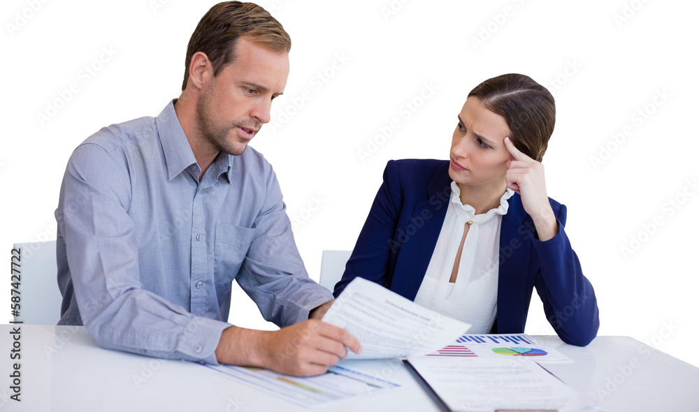 Fototapeta premium Business people analyzing data while sitting qagainst white background