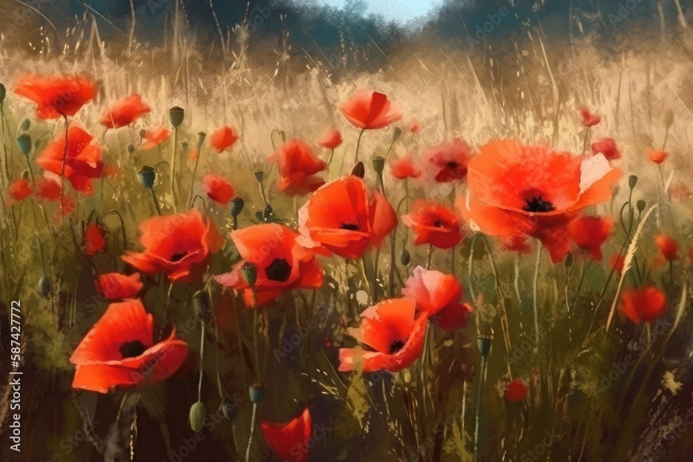 Obraz premium vibrant field of red flowers with a scenic tree-lined background. Generative AI