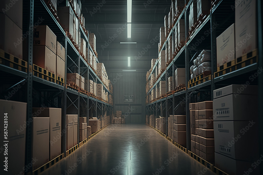 Fototapeta premium A large clean warehouse with shelfs, carboard boxes and products. Created with Generative AI technology