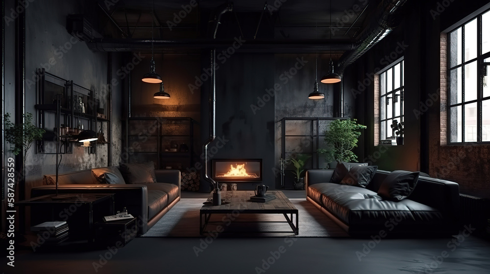 Spacious living room with hanging lights burning fireplaces. Generative Ai