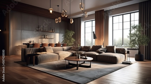 3d rendering loft scandinavian living room. Generative Ai © hassanmim2021