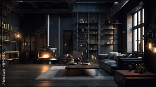 Dark living room loft with fireplace, industrial style. Generative Ai