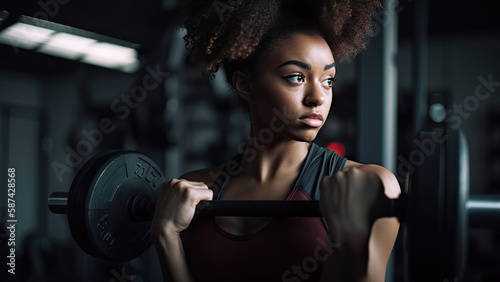 A woman in a gym with muscular body poster with copy space - Fictional Person, Generative AI