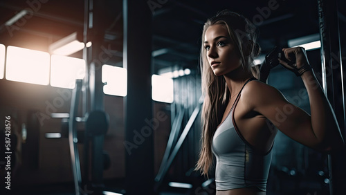 A woman in a gym with muscular body poster with copy space - Fictional Person, Generative AI