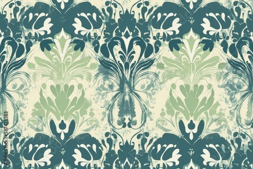 beautiful blue and green floral pattern on a clean white background. Generative AI