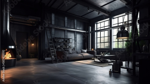 Excellent Dark living room loft with fireplace, industrial style. Generative Ai