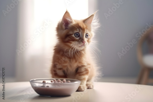 Cute red fluffy kitten sitting near the bowl of pet food. Generative AI