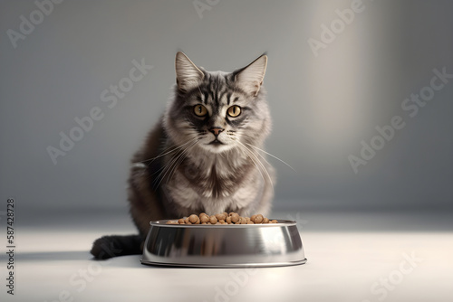 Cute fluffy kitten sitting near the bowl of pet food. Generative AI