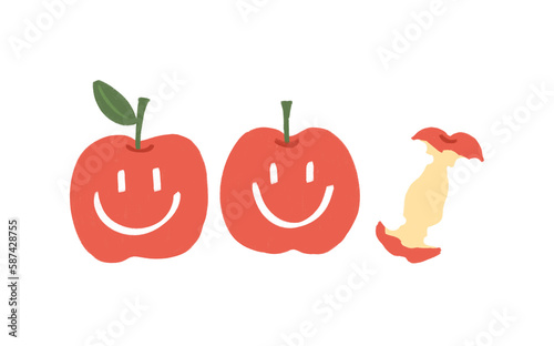 Illustration cute apples smile. Cartoon drawing. Food and fruit for health  concept. Hand draw pencil texture.