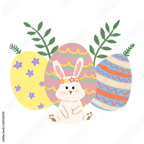 Illustration happy Easter. Rabbit and easter eggs. Concept of Easter egg hunt or gifts. Hand draw pencil texture transparent background.