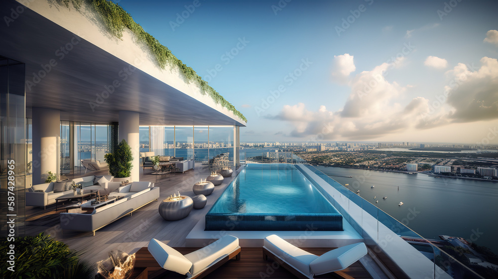 Fototapeta premium Impressive luxury penthouse terrace with a swimming pool overlooking Miami. Generative Ai