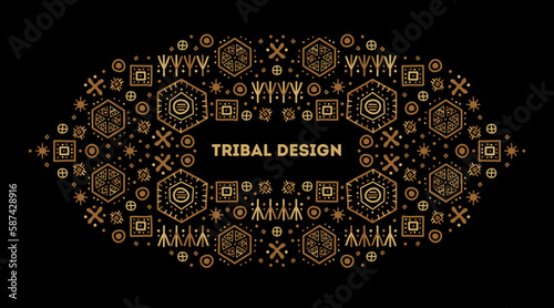 Bright orange and black art decoration shapes. Vector tribal frame. Decorative african border. Line style with space for text - geometric ethnic frame, luxury packaging, advertising, banner