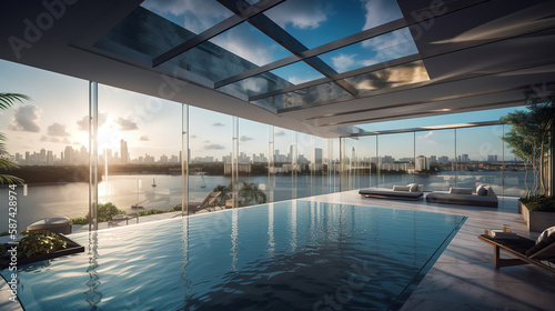 Impressive luxury penthouse terrace with a swimming pool overlooking Miami. Generative Ai