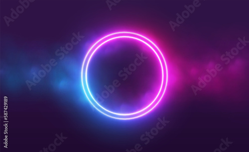 Neon circle frame with smoke cloud, glowing gradient ring with colorful fog and double border. Illuminated realistic night scene. Futuristic portal concept. Vector illustration.