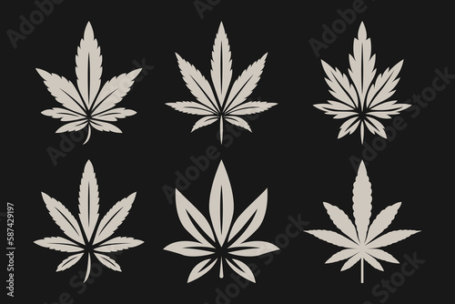 Cannabis Leaves. Hemp, Cannabis Leaf Silhouette Flat Icon Set Closeup Isolated. Growing Medical Marijuana. Vector Illustration