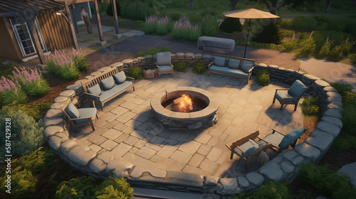 Outdoor patio with seating area and fire pit1. Generative Ai