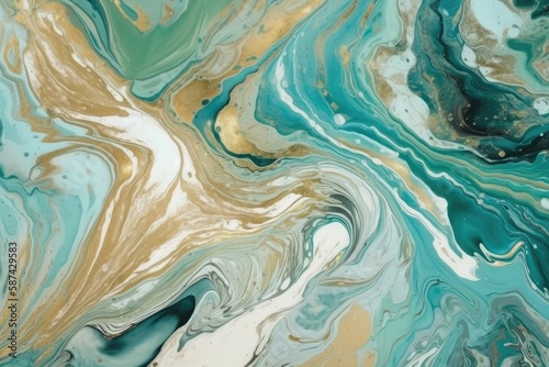 close-up view of an abstract painting with dominant gold and blue colors. Generative AI