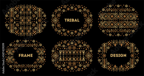 Set of vector cover templates, decorative african borders, geometric ethnic frames. Bright orange and black art decoration shapes set.