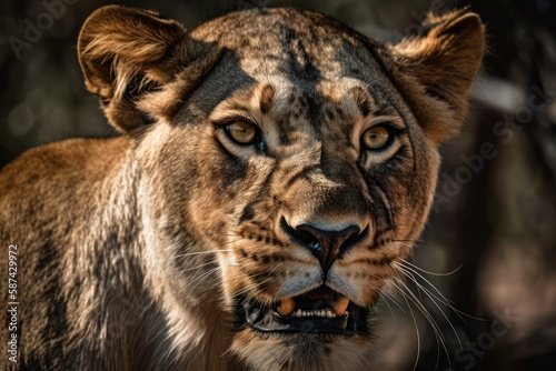 In a snarl  the lioness expands her deadly black maw. Close up portrait of a lovely lioness  a formidable predatory animal. Generative AI