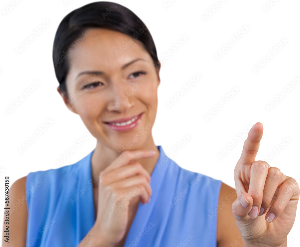 Smiling businesswoman with hand on chin touching interface Smiling businesswoman with hand on chin touching interface