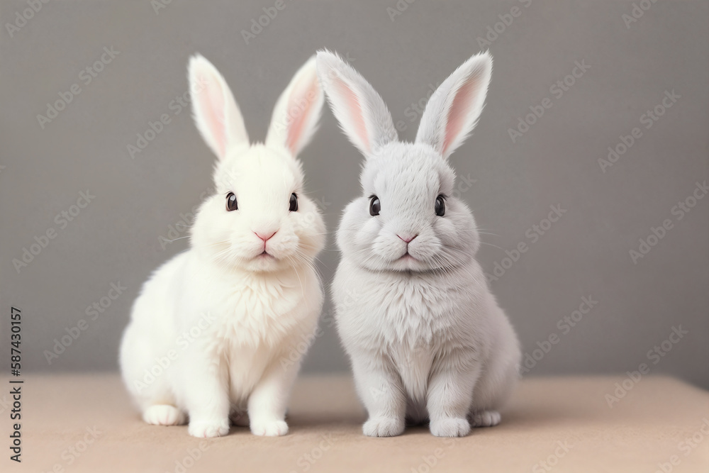 two white rabbits sitting next to each other on a gray background. Easter background. Copy space. Generative Ai two white rabbits sitting next to each other on a gray background. Easter background. Copy space. Generative Ai