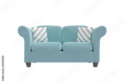 Digitally generated image of blue sofa with cushions 