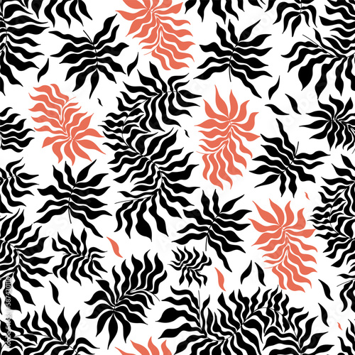 Tropical leaves silhouette seamless pattern. Trendy minimal flat memphis Matiss style design. Hand drawn vector illustration on transparent background. Texture for packing, print, fabric, textile.