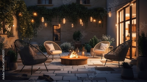 A backyard fire pit in a spacious yard of a large hom. Generative Ai