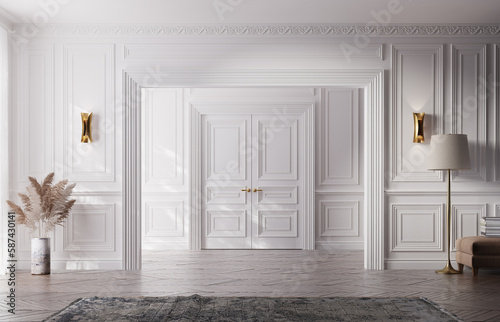 White neoclassical interior. Luxury living room with double doors. 