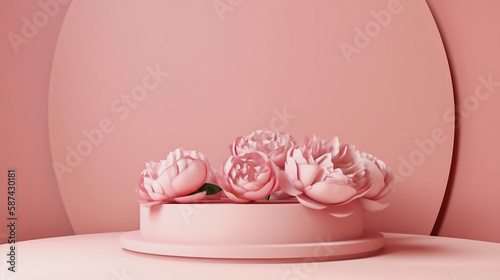 Podium display, pastel pink background with rose flowers. Nature minimal pedestal. Generative ai