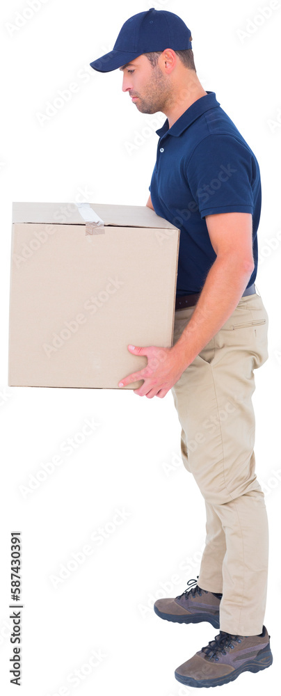 Side view of delivery man carrying cardboard box